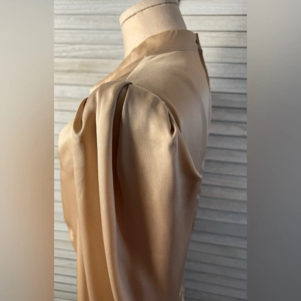 Astr Gold Satin Blouse Size Large Elegant Cowl Neck Puff Sleeve Top Luxe